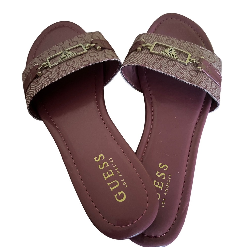 GUESS SLIDES WOMEN 8 PINK EXCELLENT LOGO PRINT GOLD‎ HARDWARE